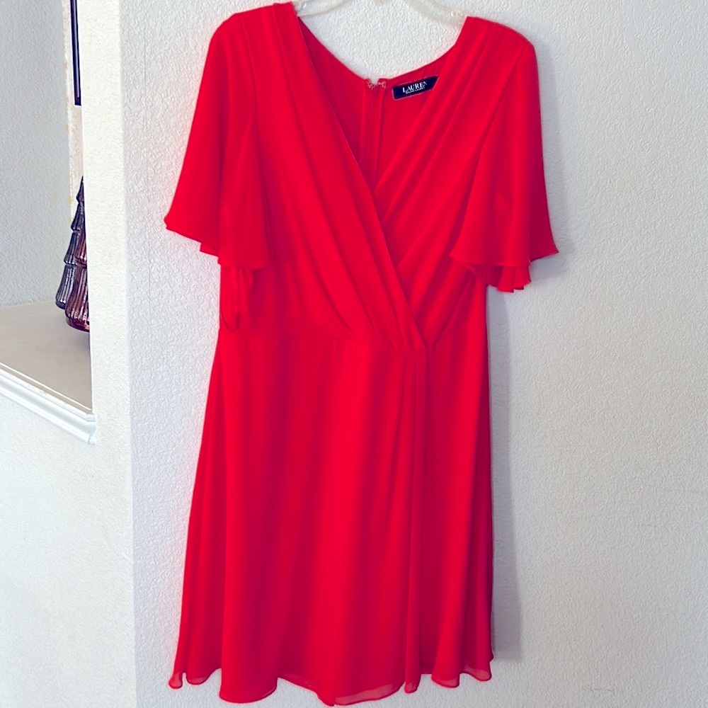 Lauren Ralph Lauren Womens Dress Flowy Graduation Bridal Guest Sz 14 Cherry Red